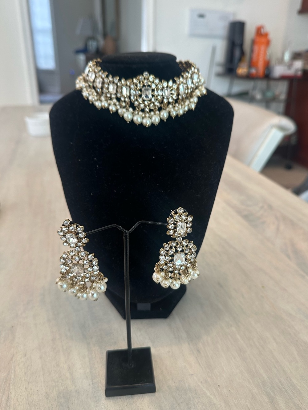 Gold Crystal Pearl Choker Necklace with Matching Earrings
